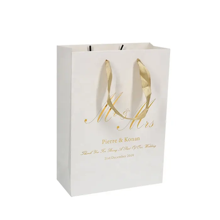 Wholesale Hot Stamp Logo Fancy Gift Flat Bottom Wedding Gold Foil Paper Bag