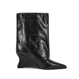 Nouveau à la mode femmes surdimensionné large mollet bottines sculptural talon compensé pierre PU bout pointu Styles européens - Product Image 2