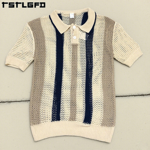 Maglietta estiva personalizzata a righe all'uncinetto con bottone cavo a maniche corte con collo alto <span class=keywords><strong>Cardigan</strong></span> da uomo maglione Jacquard t-Shirt - Product Image 5