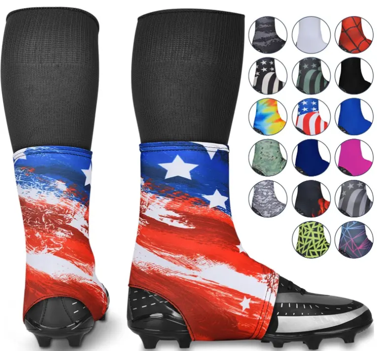 Benutzer definierter Druck Logo OEM Spats Cover Spandex Design Modische American Football Soccer Cleat Covers