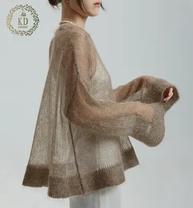 KD Knitwear Manufacturer OEM ODM Custom Designer Long Sleeve Vintage Hollow Mesh Knit Mohair Women Pullover Sweater