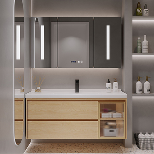 Conjunto de mueble de baño con lavabo integrado de cerámica estilo madera original, inodoro y tocador - Product Image 4