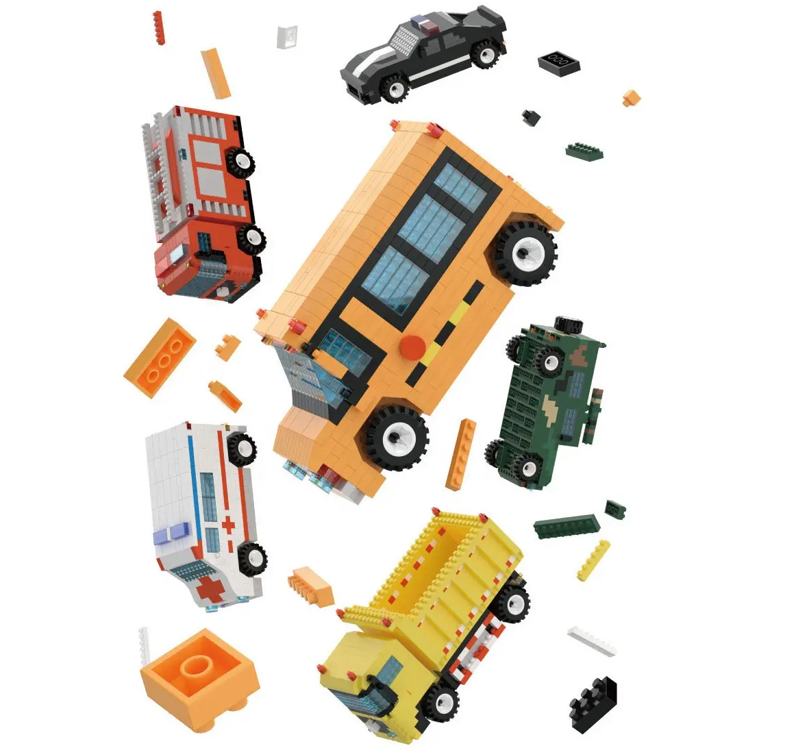 Novo mini bloco de construção de carro da série, modelo de caminhão, ônibus escolar, caminhão, ambulância, micro tijolos, brinquedo de bloco de construção