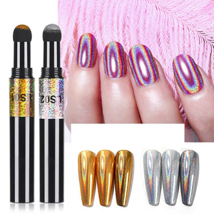 New <b>Gold</b> Silver Laser Magic Pigment Nail Powder Cushion <b>Pen</b> Long-lasting Holographic Finish Synthetic Hair Brush Dotting Tool - Product Image 1