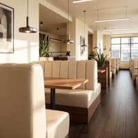 Banquette de restaurant commerciale haut de gamme sur mesure en cuir crème avec dossier cannelé pour projet hôtelier