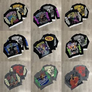 T-shirt da uomo oversize con stampa teschio, girocollo, maniche lunghe, stile streetwear americano, con applicazioni di strass, design di tendenza - Product Image 2