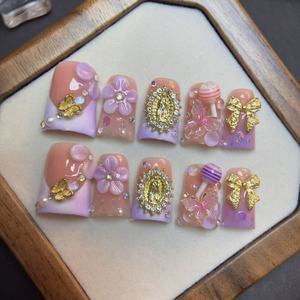 Faux <span class=keywords><strong>ongles</strong></span> à presser Holy Mother Duck Bill faits main, <span class=keywords><strong>rose</strong></span> printemps 2026, très tendance, style French, avec perles et breloques fleurs 3D - Product Image 4