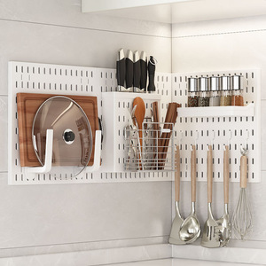 Left Steel Pegboard <b>Storage</b> Rack Corner <b>Wall</b> Mounted Punch Free Kitchen Tools Organizer With Shelves And Hooks For Home Use - Product Image 3