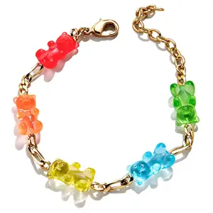 Gold Plated Multiple Candy Colored Gunny Bear Bracelet Figaro Chain Bracelet