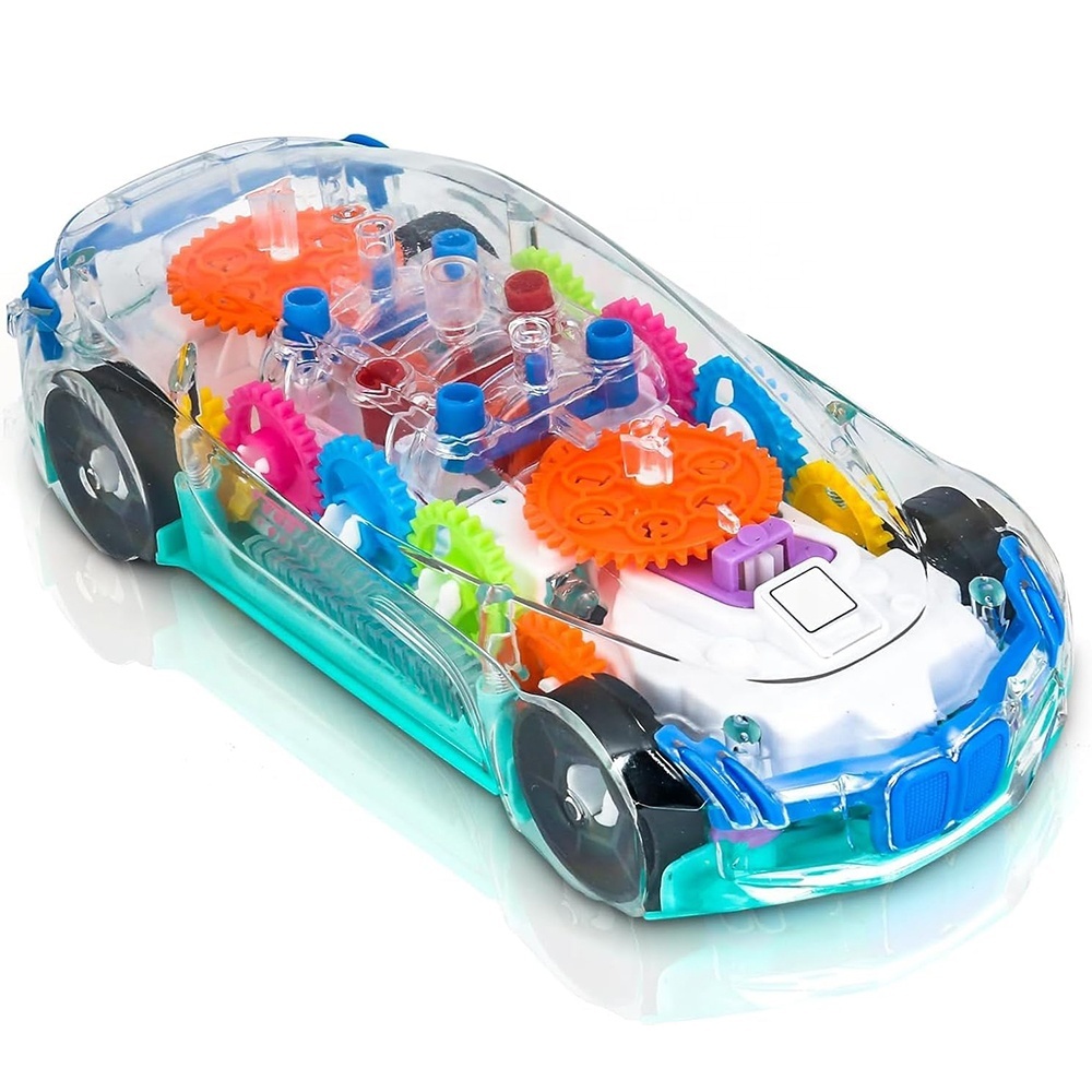 Sensory Toys Electric Light-Up Transparent Plastic Car Toy Colorful Moving Gears Music EN71 Certified STEM Educational Features
