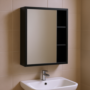 Botiquín Negro con Espejo y Estantes, Montado en la Pared, Marco Rectangular de Aluminio para Baño - Product Image 2