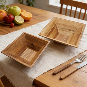 Ensemble de 2 bols à salade et à soupe en bois d'acacia jetables de haute qualité, écologiques, grande taille, style minimaliste, vaisselle de camping - Product Image 1
