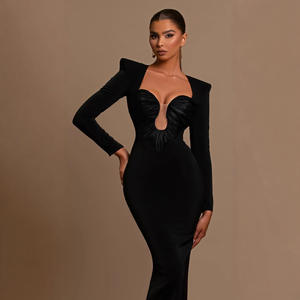 Vestido de fiesta de noche largo para mujer <span class=keywords><strong>aguamarina</strong></span> Sexy corte bajo mangas negras huecas con lazo Casual Maxi vestido en Color Natural sólido - Product Image 3