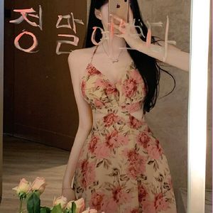 French Style Floral Chiffon Dress High Waisted Halter Neck Backless Slit Vacation Beach Cover Up - Product Image 1
