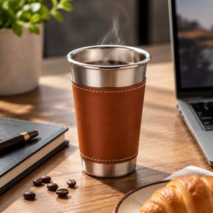 Vaso de Acero Inoxidable Envuelto en Cuero Personalizado, Regalo Corporativo Promocional, Vaso Metálico Reutilizable Portátil para Acampar al Aire Libre - Product Image 2