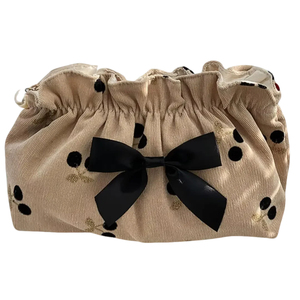 Sac cosmétique personnalisé en velours à nœud cerise Trousse de maquillage à carreaux de grande capacité avec fermeture éclair Organisateur de voyage à la mode - Product Image 3