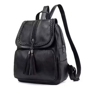 Wholesale New Cheap Bag with Tassel <b>Black</b> Fashion College Bags Leather <b>Backpack</b> for <b>Women</b> School Bag - Product Image 1