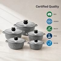 Ensemble de 10 casseroles classiques en aluminium moulé sous pression, revêtement céramique antiadhésif gris granit, compatible induction, couvercles en verre, passe au lave-vaisselle (OEM)