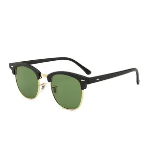 Yeşil cam lensler perçin yarım çerçeve hawksbill yuvarlak unisex bayan erkek sürüş plak lunettes-soleil pin görünümlü ucuz güneş gözlüğü