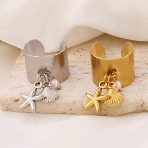 Anillo <span class=keywords><strong>Ex</strong></span> <span class=keywords><strong>Voto</strong></span> de Acero Inoxidable Chapado en Oro, Cruz y Medalla, Medalla DE LA Virgen María en Anillo, Estrella de Mar, Concha y Perla - Product Image 1