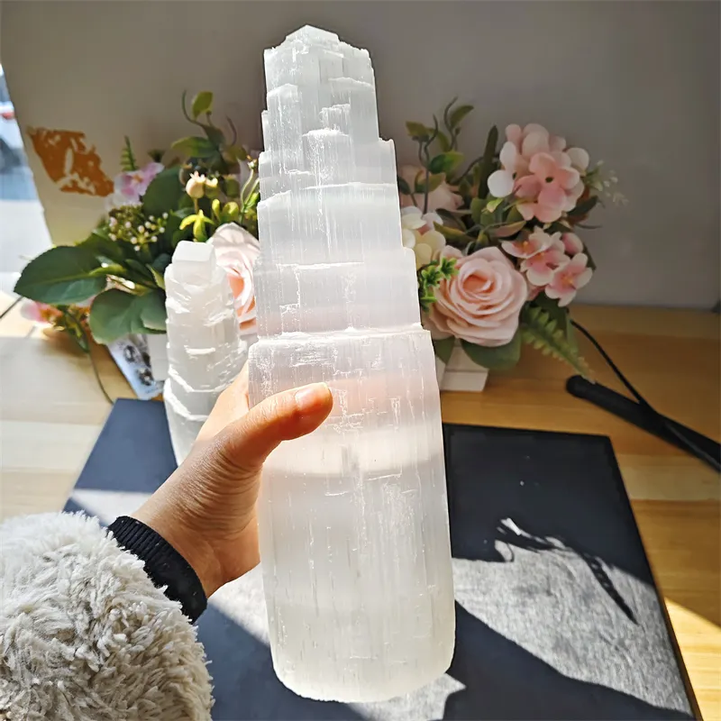 Kindfull Raw Crystal Hand Carved Healing Stones 20cm Selenite Lamp Tower For Meditation