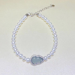 Ensemble collier et bracelet en argent pur Fulu avec pendentifs et breloques en jade d'eau bleue naturel, forme de gourde, 4,5-5 mm, presque rond, sans défaut, effet aurore - Product Image 1