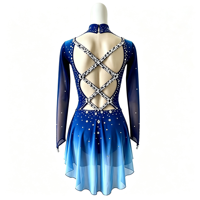 Robe de patinage artistique bleu dégradé pour spectacle, col montant, dos croisé, jupe ornée de strass pour filles et enfants
