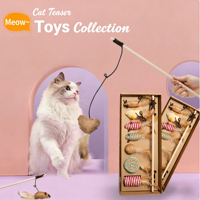 Meow~ Ensemble de jouets pour chat sept pièces, coloré, moderne, style dessin animé, en matériau Azabu, avec bâton de jeu rayé pour souris, anti-ennui