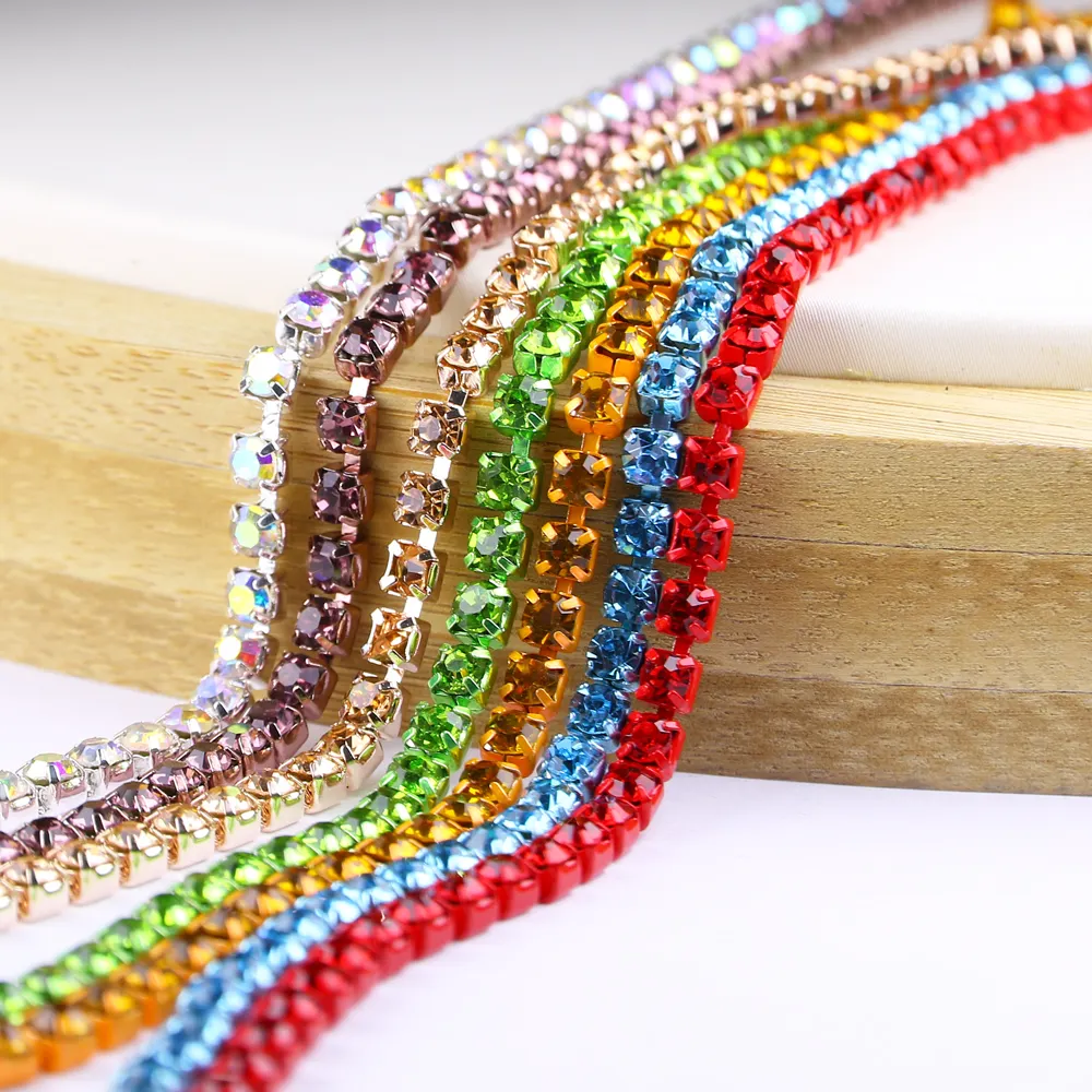 Newest Style electrophoretic color rhinestone claw chain colorful diamond chain dense cup chain