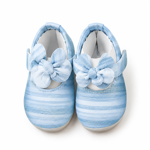 Zapatos Mary Jane de Lona a Rayas para Bebés Niñas, con Lazo, Cierre de Velcro y Suela Suave, Zapatos Pre-Andantes - Product Image 1