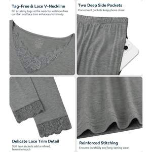 Ensemble de pyjama personnalisé pour femmes en viscose de bambou, haut à manches longues et col en V doux avec pantalon, vêtements de nuit grande taille S-4X gris foncé - Product Image 5
