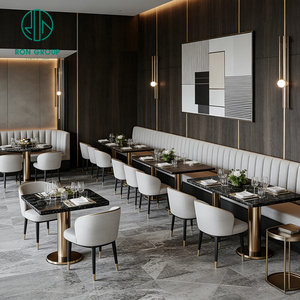 Ensemble de mobilier moderne pour hôtel, restaurant et salon de thé, avec table carrée en marbre gris et banquette en cuir rembourrée - Product Image 2