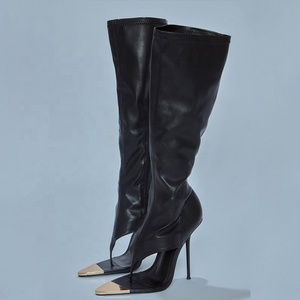 <b>High</b> Heels Metal Front Women Summer <b>Knee</b> <b>High</b> Boots Clip Toe Slim Heeled Side Zipper Long Booties Custom Dress Shoes - Product Image 3