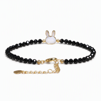 Bracelet fin empilable classique géométrique en perles de cristal noir facetté, avec breloques chat et lapin en coquillage naturel, bijou mignon, cadeau
