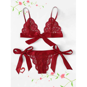 Conjunto de lencería sexy de encaje para mujer, azul real, 3 piezas, con detalle de lazo, ropa interior de satén - Product Image 2