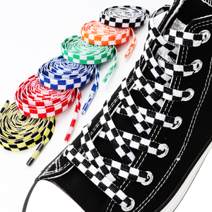 Lacets plats à carreaux de 8 mm de large, 100-<span class=keywords><strong>180</strong></span> <span class=keywords><strong>cm</strong></span>, 6 couleurs, lacets de chaussures colorés et tendance, logo personnalisé pris en charge, fabriqués en polyester - Product Image 1