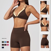 Set Celana Pendek Olahraga Tali Tipis Pinggang Tinggi Cup Segitiga Solid Naked Feel Bahan Penyerap Keringat Logo Depan 2-Piece Pakaian Dalam Fitness