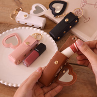 Tas Lipstik Kulit PU Portabel Baru dengan Gantungan Kunci dan Liontin Hati, Kantong Mini untuk Lip Balm Wanita dengan Cincin Kunci Berhias