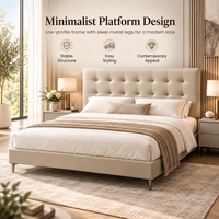 Lit plateforme moderne capitonné avec tête de lit à grille, pieds en métal à profil bas, pour hôtel, appartement, chambre à coucher, tailles King et Queen