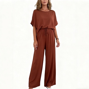 Women's Solid-Color Crew Neck Short-Sleeve Top With <b>Tie</b>-Waist Pants 2-Piece Set Fashion - Product Image 3