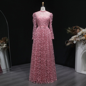 Abiti da sera Sharon Said SS700 a <span class=keywords><strong>maniche</strong></span> <span class=keywords><strong>lunghe</strong></span> con perline, <span class=keywords><strong>fiori</strong></span> 3D e fiocco, abiti formali a collo alto per donna, ideali per matrimoni - Product Image 5