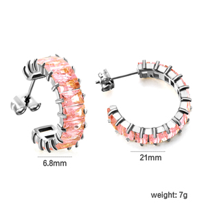 Pendientes de Aro en Forma de C de Acero Inoxidable con Oro de 18K y Circonita Cúbica Rosa Baguette, Pendientes Huggie de Cristal Brillante de Medio Círculo para Mujer, Venta al por Mayor - Product Image 2