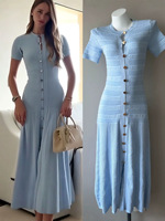 Gaun Rajut Chiffon Baru 2026 Gaya Vintage Elegan Polos Bernapas Siluet A-Line Detail Ikat Pinggang Maxi