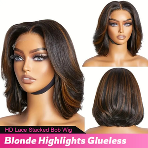 Pelucas de Cabello Humano Virgen Vietnamita con Cierre de Encaje HD 5x5, Doble Trama, Rubias con Reflejos, Pre-arrancadas, Sin Pegamento, Estilo Bob <span class=keywords><strong>Corto</strong></span> Apilado y en Capas - Product Image 3