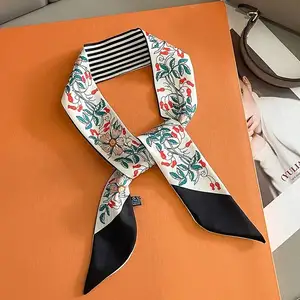 Luxe Merk Lange Sjaal Vrouwen Bloemenprint Smalle Lint Hoofdband Vrouwelijke Halsdoek Handvat Band Bandana Haaraccessoires