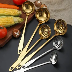 Wholesale Stainless Steel Gold Long Handle Big Soup Spoon Leakage Spoon Hot Pot Soup Spoon