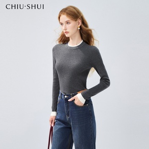 Winter Nieuwe Wolmix Wollen Blend Shirt Casual Eenvoudige Koreaanse Stijl Nep Tweedelig Gebreide Voorkant Logo - Product Image 2