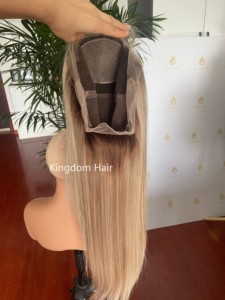 Cuticule alignée cheveux européens <span class=keywords><strong>brune</strong></span> blonde Balayage avec racine cendrée réaliste haut en soie pleine dentelle perruque juive pour l'alopécie - Product Image 5