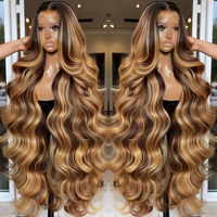 Perruques Lace Frontal en Cheveux Humains Vierges Brésiliens Non Traités à 100% du Vendeur, Couleur Mèches Brunes, Style Body Wave, Perruque à Dentelle Transparente