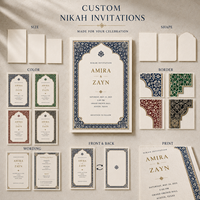Ensemble d'invitations de mariage musulmanes traditionnelles de luxe, cartes en papier imprimées sur mesure avec motif mosaïque complexe et options de cadres multicolores